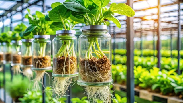 Vibrant green plant roots thrive in a nutrient-rich hydroponic system, suspended in a transparent container, showcasing a futuristic and sustainable method of urban agriculture.