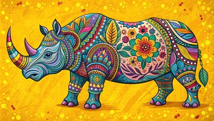 Fototapeta premium Vibrant, hand-drawn border art frames a majestic rhino, adorned with colorful floral patterns and ornate typography, set against a bright, sunny yellow background.