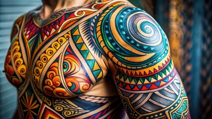 Vibrant hand-drawn tribal tattoos featuring intricate swirls, geometric patterns, and bold lines adorn the arms and legs in a stunning display of skin art.