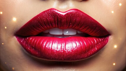Obraz premium Vibrant, highly-glossed lips sparkle with mesmerizing shine, showcasing a flawless, rosy pout, perfectly accentuated with subtle, natural-looking makeup and soft, radiant lighting.