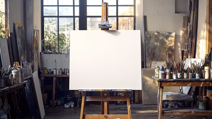 A blank canvas on an easel in a well-lit studio with art supplies like brushes and paints arranged nearby