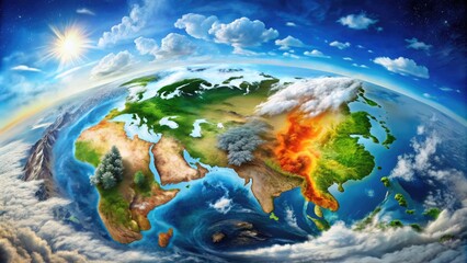 Vibrant illustration of Earth's climate zones, showcasing tropical, desert, temperate, polar, and alpine regions, highlighting global diversity and unique environmental characteristics.