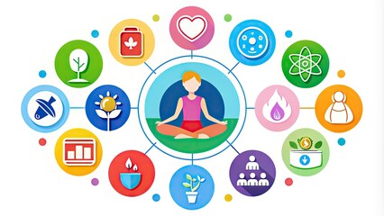 Vibrant infographic featuring colorful icons and illustrations highlighting essential self-care practices, including meditation, mindfulness, exercise, and healthy habits for overall wellness 