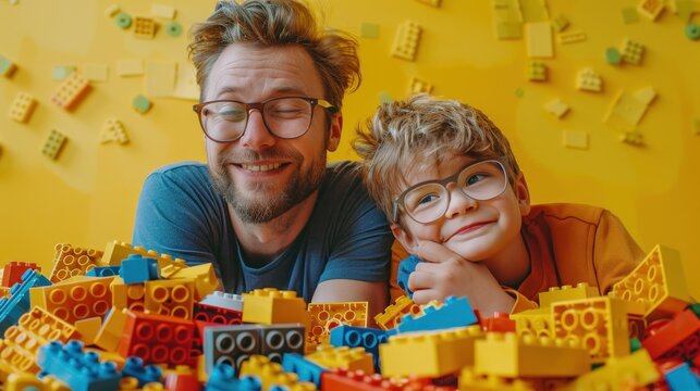 Smiling dad playing with his toddler son at home