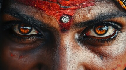 Naklejka premium A close-up portrait of an Indian person, capturing the fine details of their features and the depth of emotion in their eyes.