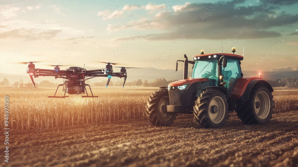 Poster a futuristic scene of a drone working in tandem with a tractor in a field, showcasing the future of 