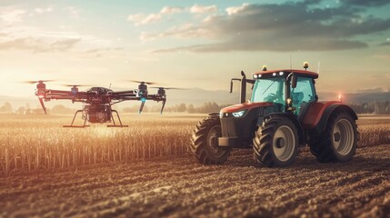 Fototapeta premium A futuristic scene of a drone working in tandem with a tractor in a field, showcasing the future of smart farming.