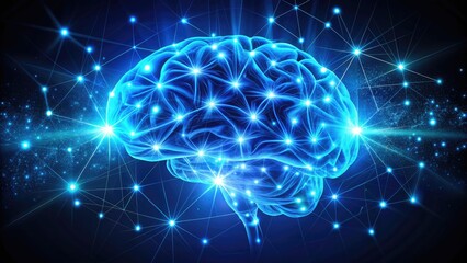 Obraz premium Vibrant neon blue glowing brain with sparkles and neural connections illustrated on a dark background, symbolizing creativity, intelligence, and mental clarity.