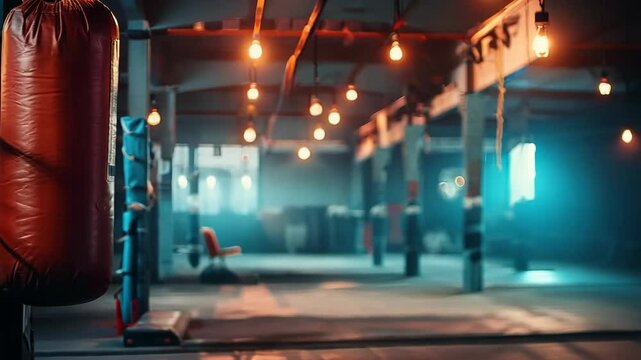 Red punching bag hanging in gym room, fight club room for practicing martial arts