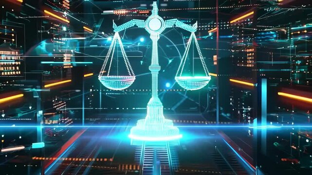 Technology video background futuristic justice, law judgement low polygonal balance scales
