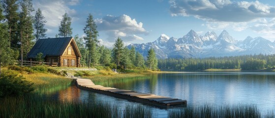 Fototapeta premium Wooden Cabin by Tranquil Lake with Mountain View