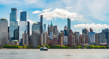 skyline of New York City, United States, USA. NYC landmarks. Amazing panorama view of New York city skyline and skyscraper at sunset. Beautiful view in Manhattan.