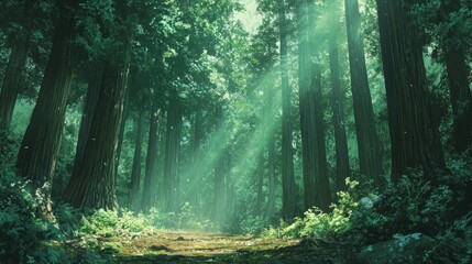 Obraz premium Sunbeams Filtering Through a Dense Redwood Forest