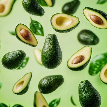 Avocado slices and cascading leaves against a pale green backdrop.