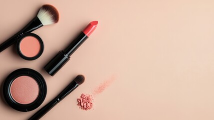 Obraz premium A delicate display of cosmetic products includes lipstick, makeup brushes, and powder, all arranged elegantly on a soft background. Generative AI