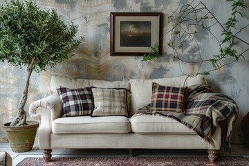 A simple and modern living room setup featuring a white couch and a potted plant