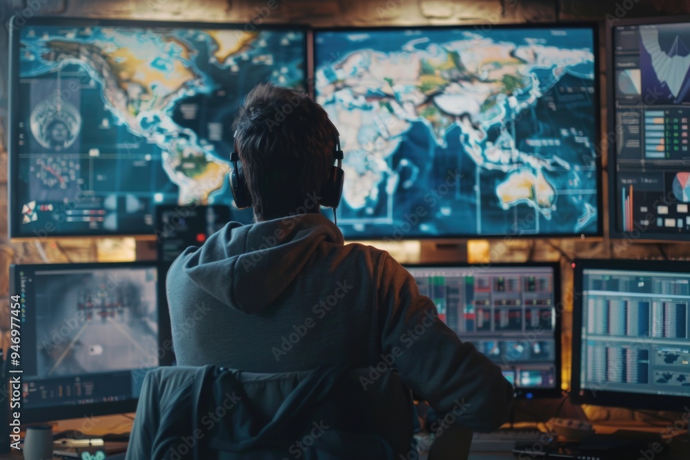 Aufkleber A person stands in front of multiple computer monitors with various screens displaying different data and information