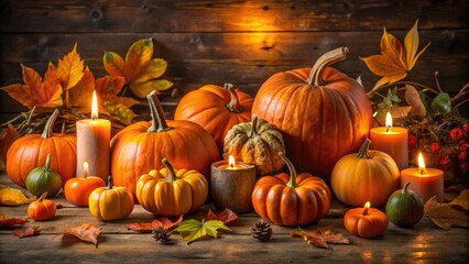 Vibrant orange pumpkins of various shapes and sizes, adorned with eerie candlelight, sit atop a rustic wooden table, surrounded by autumnal leaves and twigs.
