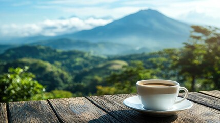 Coffee Cup on Wooden Table with Mountain View