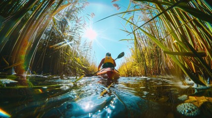 Kayaker exploring a river surrounded by lush green reeds on a sunny day