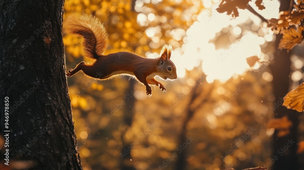 Sticker Red Squirrel Leaping Through Golden Autumn Forest