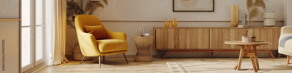 Sticker yellow armchair positioned beside a wooden table in a multifunctional living room featuring a galler