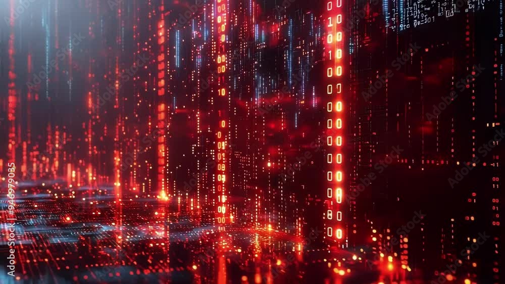 Poster red glowing finance data forming abstract futuristic cyberspace with depth of field. perfect for ill
