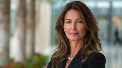Fototapeta premium Professional woman in a business setting showcasing confidence and success, with natural background elements suggesting a modern work environment