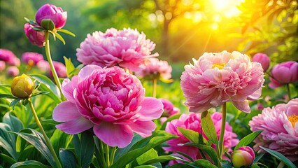 Obraz premium Vibrant pink peonies and delicate daffodils bloom amidst lush green foliage, creating a stunning textured backdrop of natural beauty and seasonal renewal in warm sunlight.