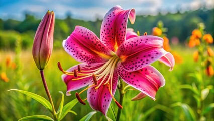 Obraz premium Vibrant pink tiger lily blooms majestically in a lush green meadow, its delicate petals and golden anthers swaying gently in the soft summer breeze.