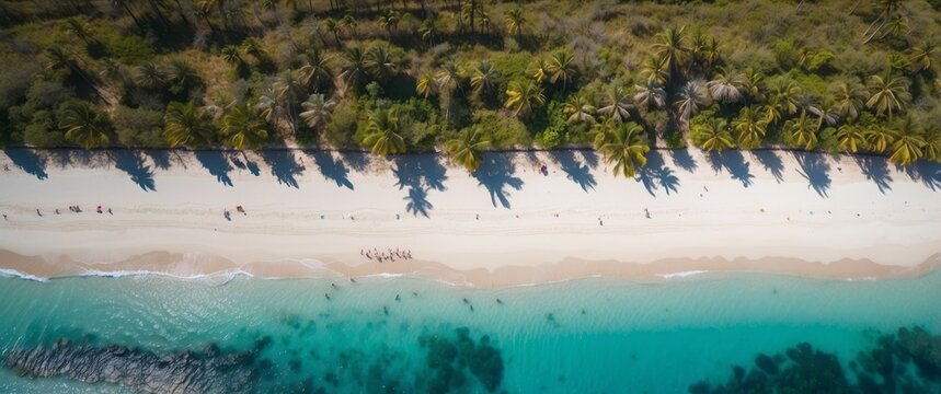 Aerial View of Palm Trees Lining a White Sandy Beach with Turquoise Water - Powered by Adobe