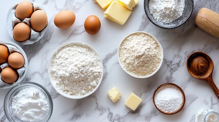 Ingredients for a baking recipe, including flour, sugar, eggs, and butter, arranged neatly on a marble countertop -
