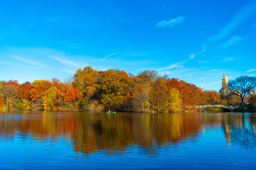 Autumn nature. New York City Central Park with boat in lake. Autumn landscape nature. People rowing a boat in Central Park pond. Central Park in autumn with colorful fall trees. Central Park waterway