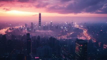 Obraz premium Aerial View of a City Skyline at Sunset with Fog