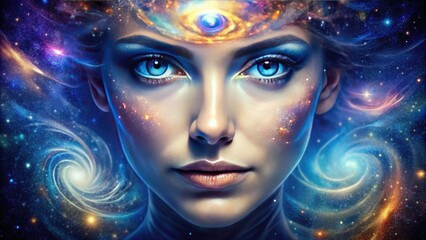 Naklejka premium Vibrant, starry galaxy swirls morph into a human visage, eyes shining like celestial bodies, as the cosmos converges with the contours of a mystical, otherworldly countenance.