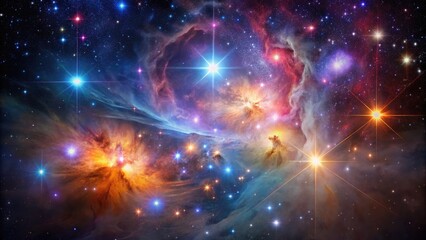 Vibrant stars and nebulas illuminate the majestic Orion constellation, a stunning celestial showcase of gas and dust against a dark, starry night sky background.