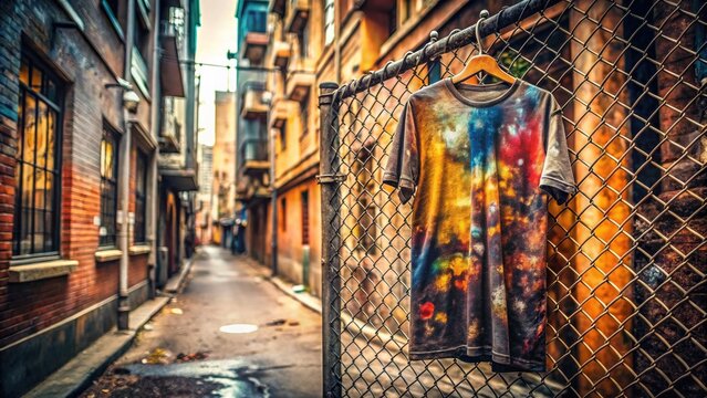 Vibrant street art covers a gritty urban alleyway backdrop as a trendy, distressed t-shirt hangs casually from a rusty metal fence, exuding edgy, rebellious style.
