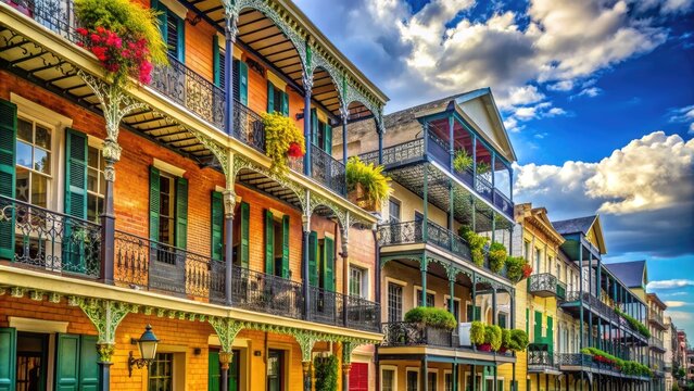 Vibrant street scene in the French Quarter, with historic balconies, ornate ironwork, and colorful buildings lining the charming streets of New Orleans.