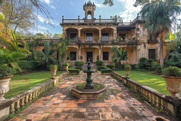 Obraz premium A beautifully preserved colonial-era mansion with lush green gardens and a central fountain, evoking a sense of history and elegance in its architectural details