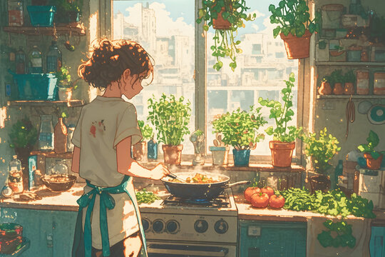Culinary Girl cooking in a rustic kitchen with ingredients and herbs. Anime style, Cozy vibes