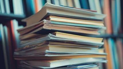 Obraz premium Stack of Books and Papers on a Bookshelf