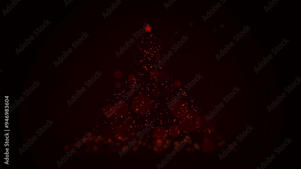 Poster christmas, bokeh light and red tree on black background with sparkle, glitter and texture for wallpa