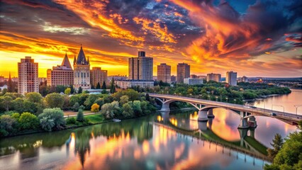 Obraz premium Vibrant sunset illuminates the modern downtown Saskatoon skyline, featuring sleek skyscrapers, historic bridges, and majestic South Saskatchewan River flowing through the heart of the city.