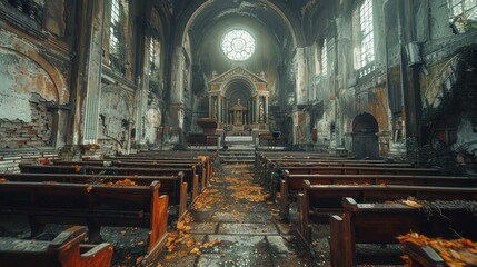 Obraz premium The interior of a weathered and decaying historical church featuring wooden pews, stained glass windows, overgrown foliage, and an empty pulpit