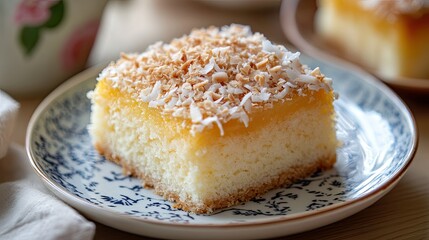 A delicious Thai sponge cake topped with a light layer of coconut flakes, served on a ceramic plate, highlighting its delicate, fluffy texture