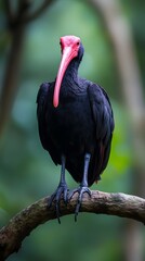 Fototapeta premium Northern Bald Ibis Hermit Perched on a Branch in Nature, Realistic Photo, Wallpaper, Cover and Screen for Smartphone, Cell Phone, Computer, Laptop, 9:16 and 16:9 Format