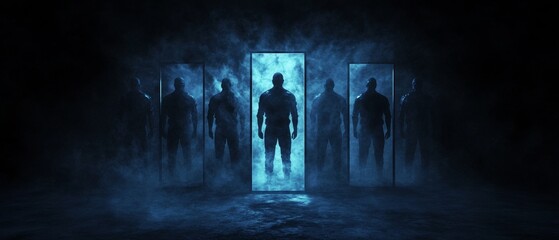 Obraz premium Silhouettes of Multiple Men in Foggy Room With Blue Backlighting Creating Mysterious Ambiance