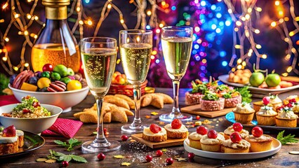 Vibrant table setting with champagne flutes, confetti, and an abundance of festive appetizers and desserts, capturing the essence of a joyful New Year's Eve celebration.