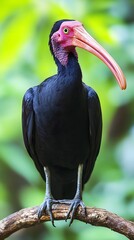 Northern Bald Ibis Hermit Perched on a Branch in Nature, Realistic Photo, Wallpaper, Cover and Screen for Smartphone, Cell Phone, Computer, Laptop, 9:16 and 16:9 Format