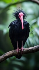 Northern Bald Ibis Hermit Perched on a Branch in Nature, Realistic Photo, Wallpaper, Cover and Screen for Smartphone, Cell Phone, Computer, Laptop, 9:16 and 16:9 Format